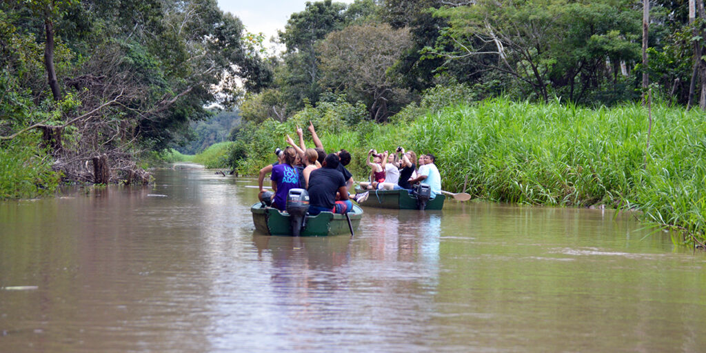 Students on a boat in a jungle river, taking pictures of an animal in a tree
