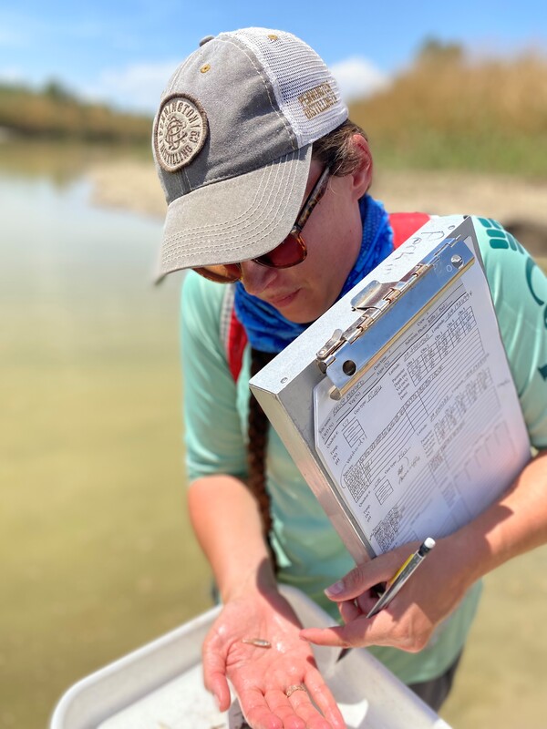 Person near a body of water holding a clipboard and one tiny fish in the other hand.